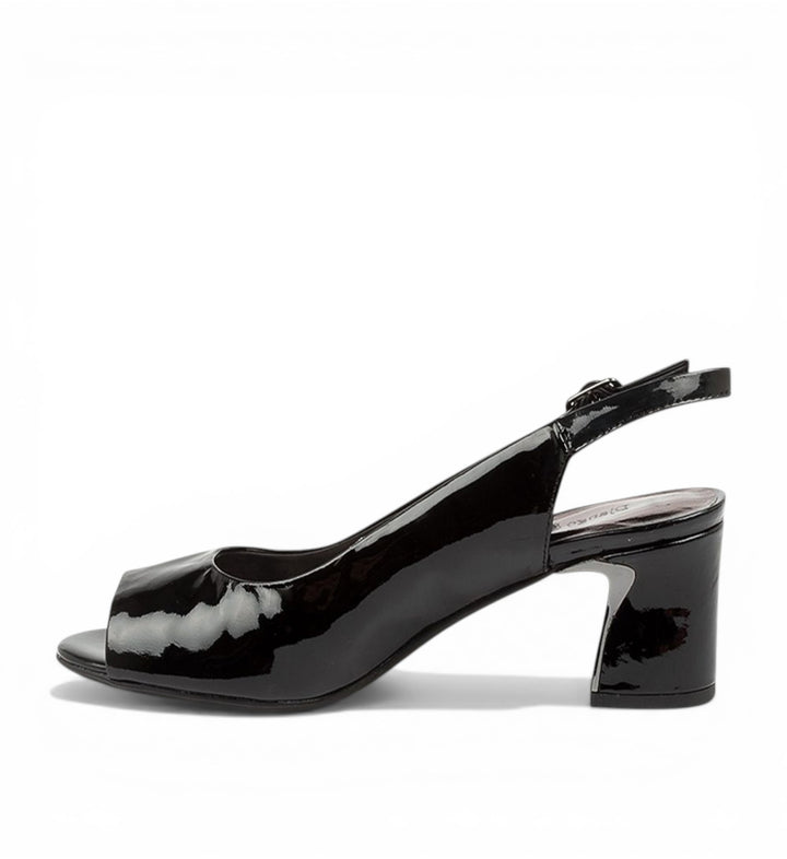 House of Florian Jianas black patent leather slingback peep-toe heels with a block heel and buckle.