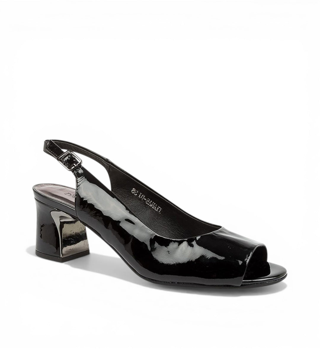House of Florian Jianas black patent leather peep-toe slingback heels with a block heel.