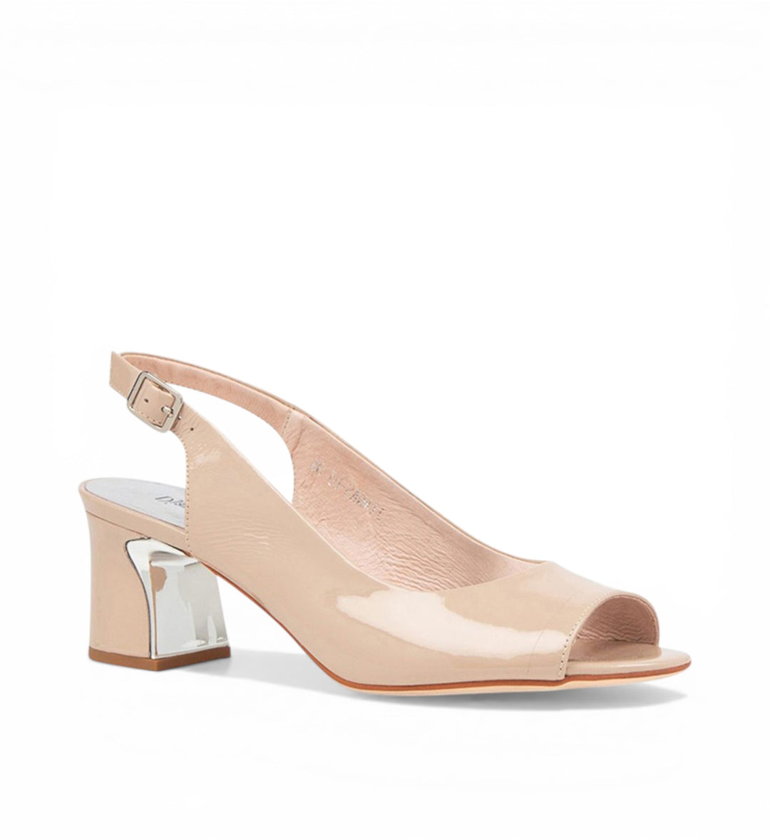 House of Florian Jianas nude patent leather slingback heels with peep toe and metallic block heel.