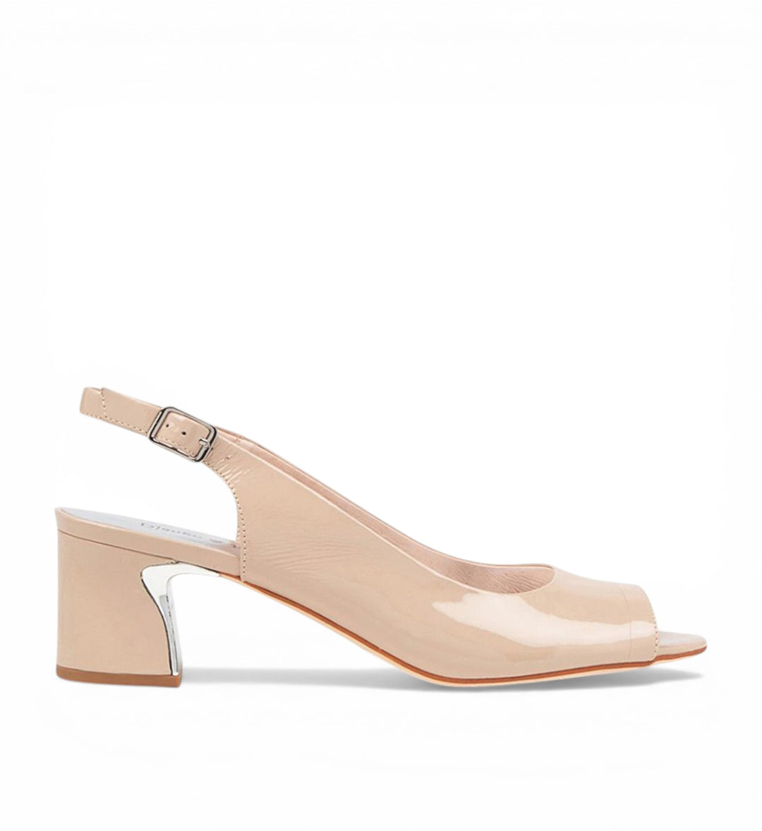 House of Florian Jianas nude patent leather slingback heels with peep toe and metallic accent heel.
