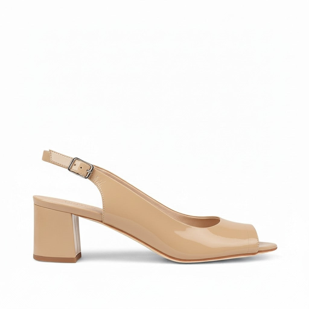 House of Florian Jianas patent leather slingback heels in nude with a peep toe and adjustable ankle strap.
