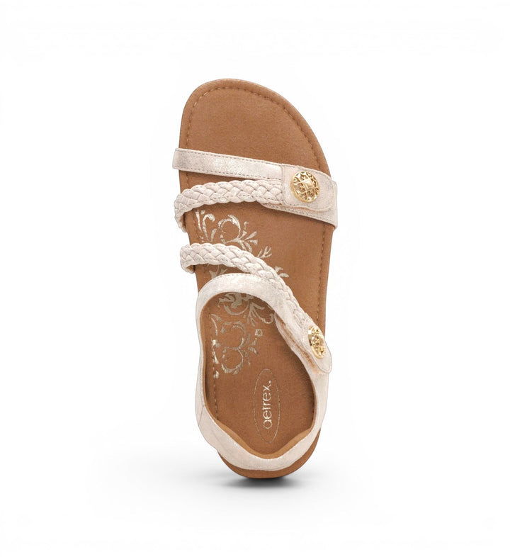 House of Florian Jillian braided quarter strap sandals in champagne with gold-tone hardware and floral footbed detail