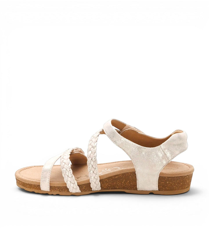 House of Florian Jillian braided quarter strap sandals in champagne metallic finish with a cork-style wedge sole
