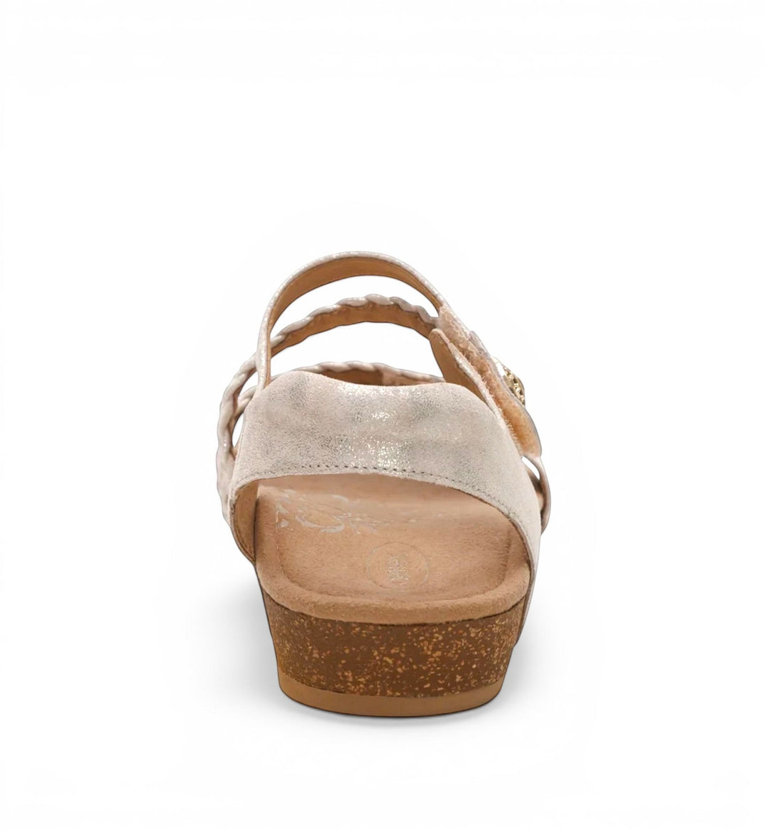 House of Florian Jillian braided quarter strap sandals in champagne with a cork-style wedge heel, back view.