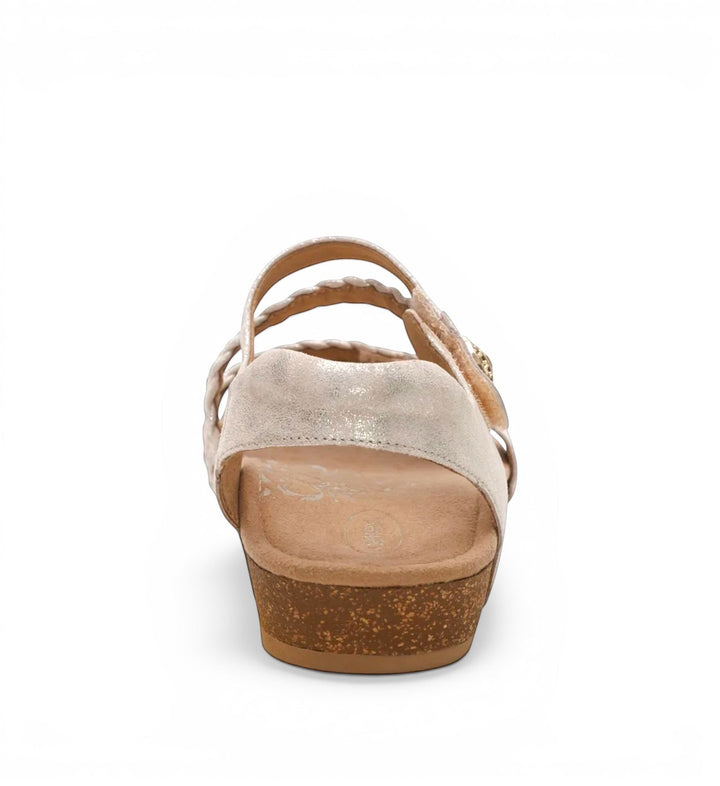 House of Florian Jillian braided quarter strap sandals in champagne with a cork-style wedge heel, back view.