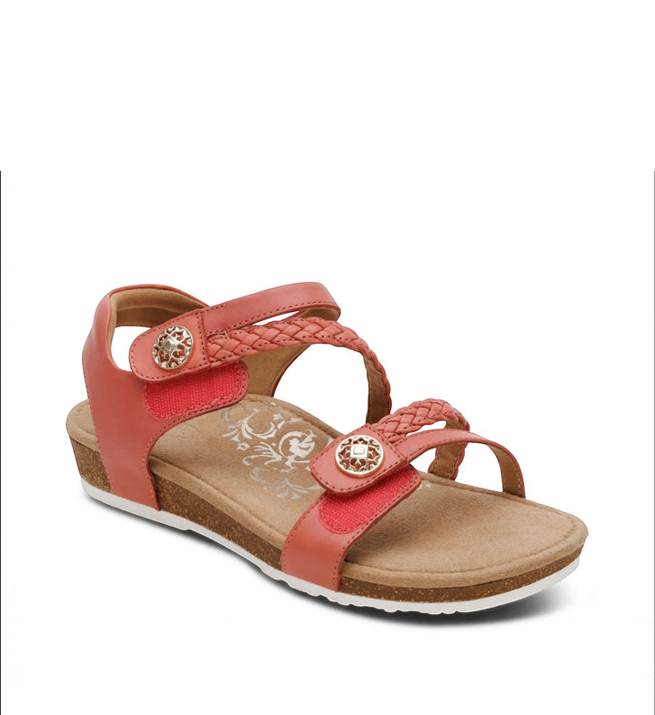 House of Florian Jillian braided quarter strap sandals in antique rose with gold button accents and cork-style sole.