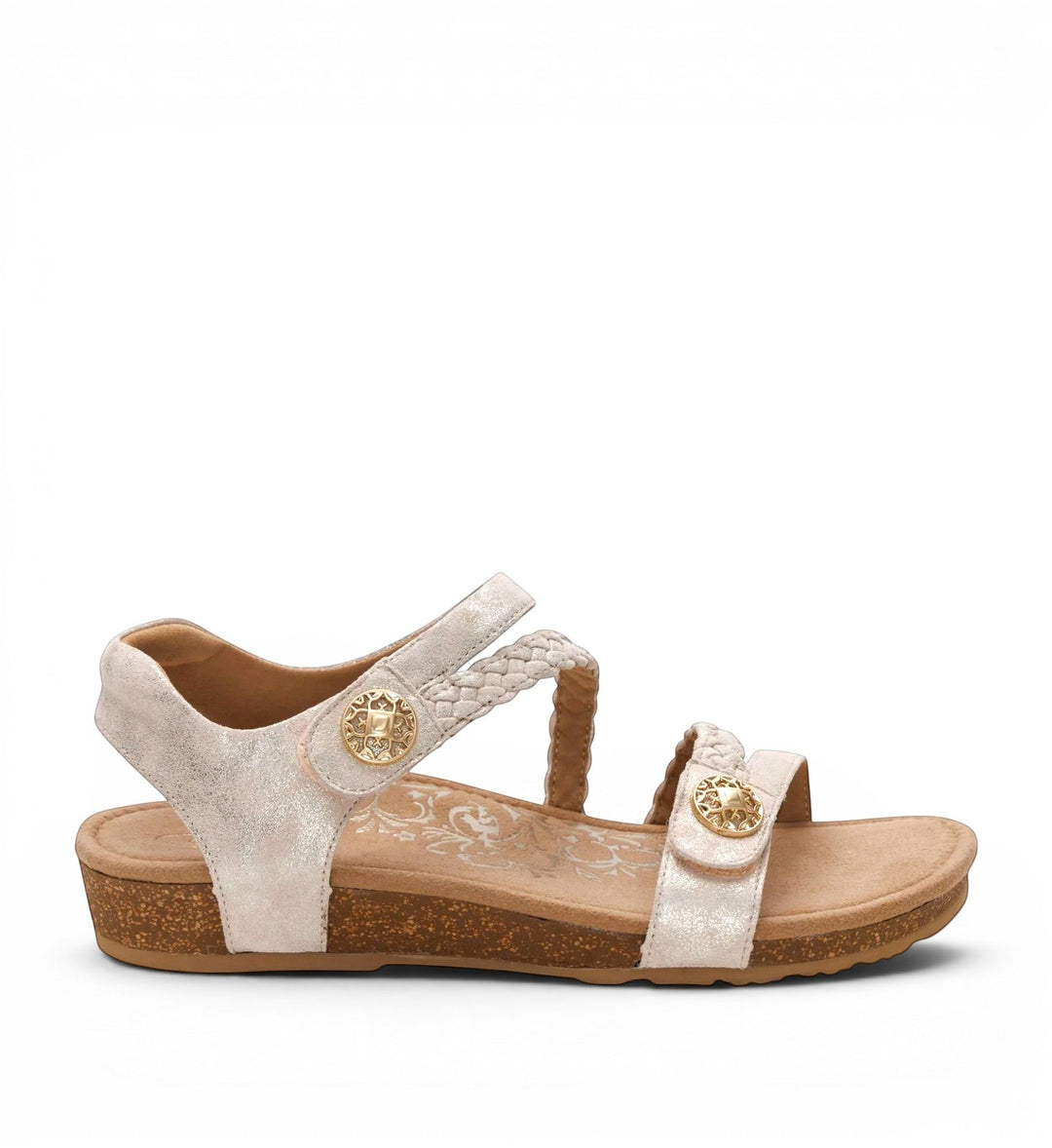 House of Florian Aextrex Jillian champagne braided quarter strap sandals with gold button accents and cork-style footbed