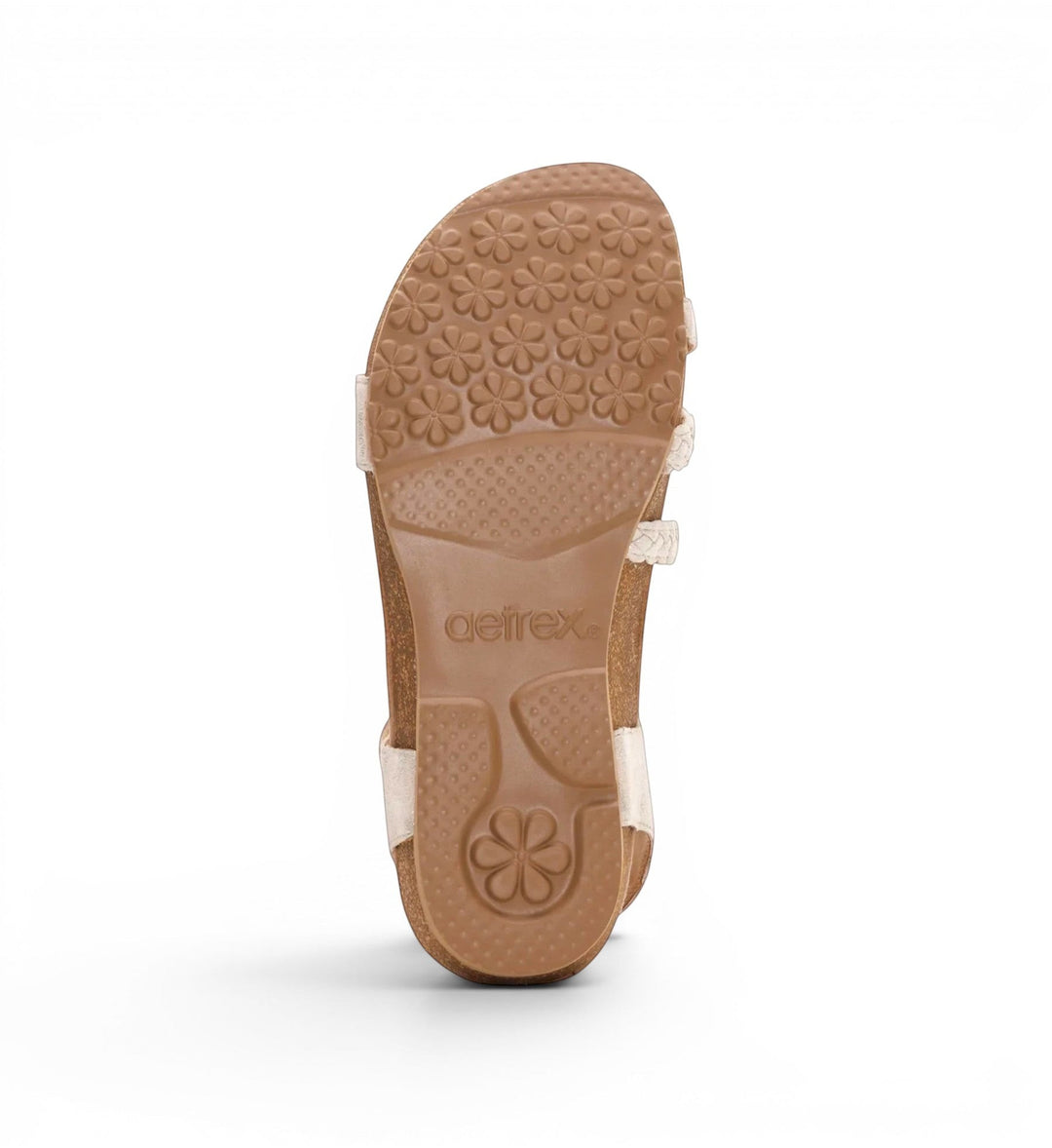 House of Florian Jillian braided quarter strap champagne sandal showing the brown floral patterned rubber outsole