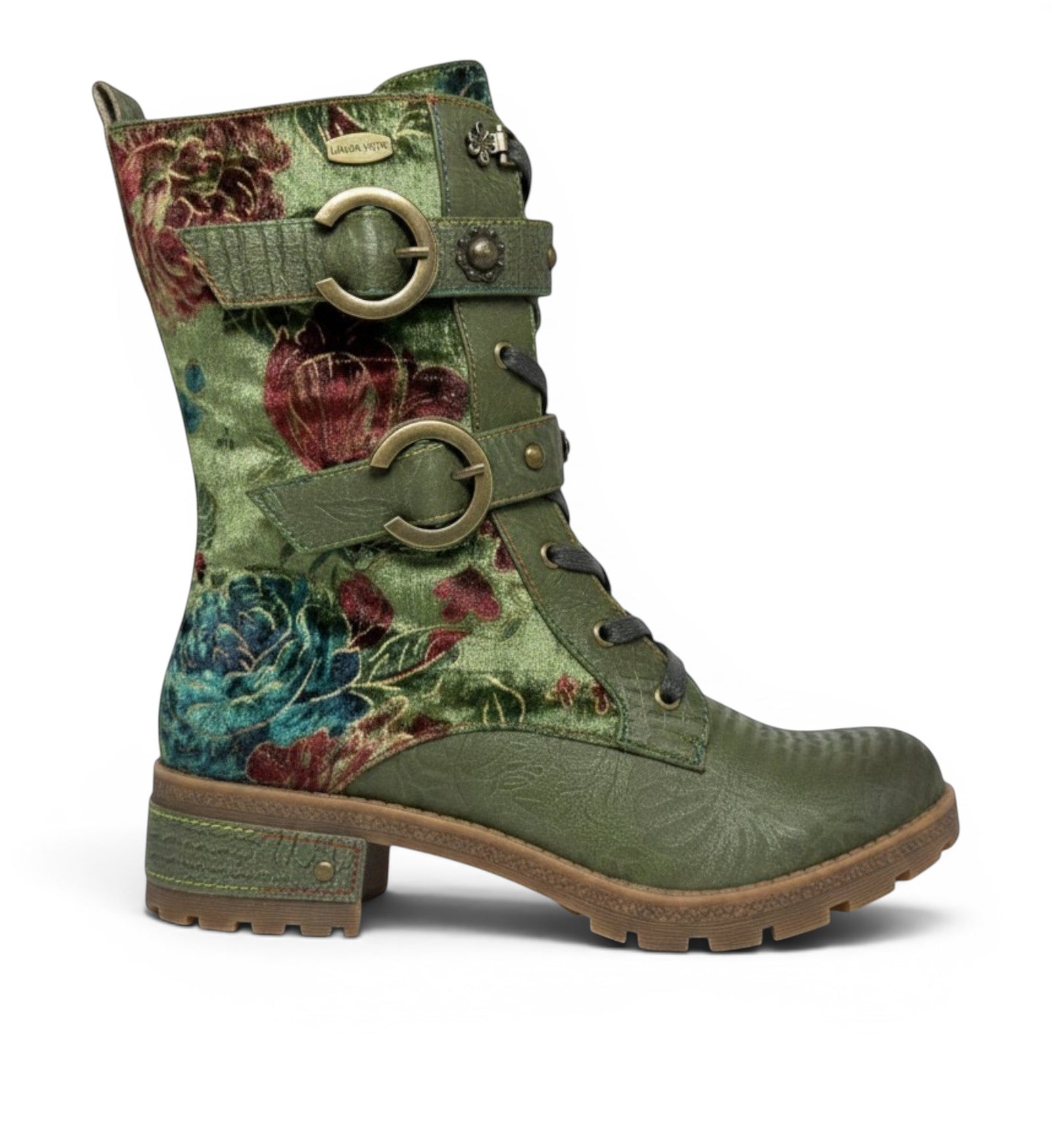 House of Florian Cocrailo 71 Khaki green velvet floral combat boots with buckle straps and laces.