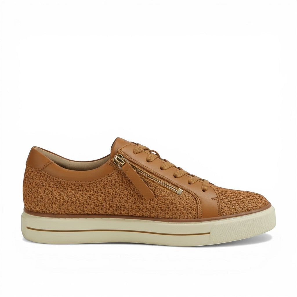 House of Florian Kolaro W Coffee leather and woven casual sneakers with side zip and removable footbed.