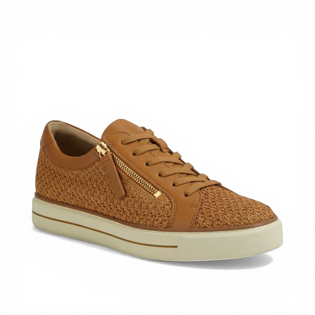 House of Florian Kolaro W Coffee leather and woven sneakers with side zip and removable footbed.