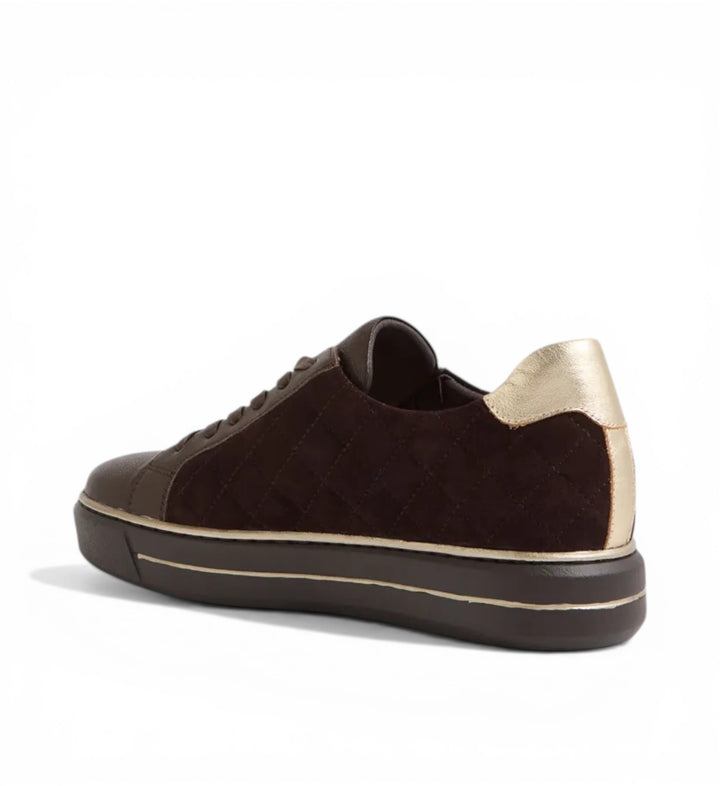 House of Florian Kozie W Choc Suede quilted sneakers with gold heel detail and platform sole.