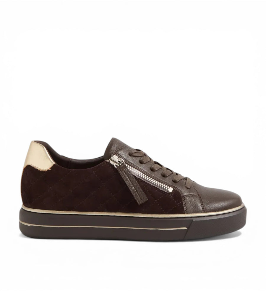 House of Florian Kozie W Choc Suede quilted side zip sneakers with gold heel detail.