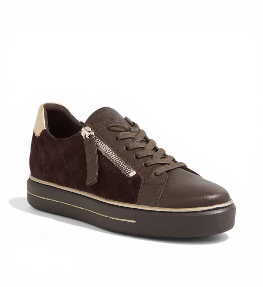 House of Florian Kozie W Choc Suede women's sneakers with quilted brown suede, leather accents, side zipper, and gold heel detail.
