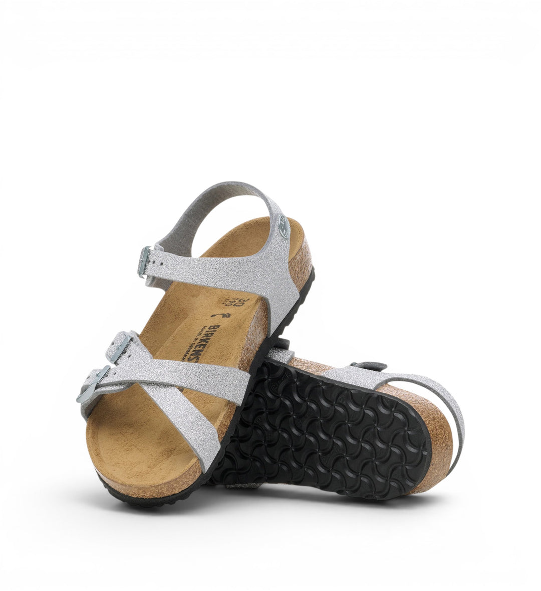 House of Florian Kumba Kids synthetic glitter silver sandals with criss-cross straps and adjustable buckles.