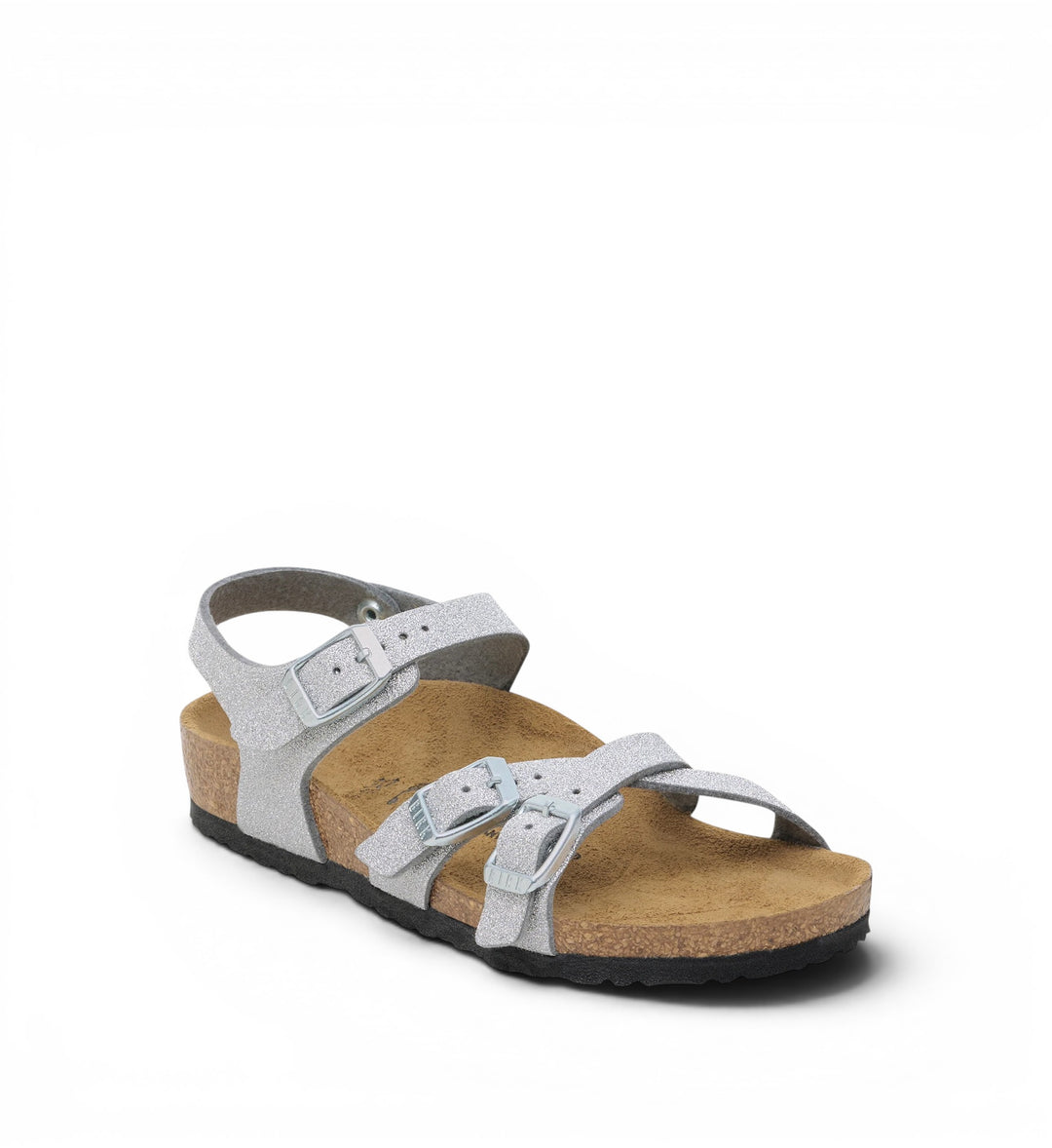 House of Florian Kumba Kids synthetic glitter silver sandals with adjustable buckle straps and cork footbed.