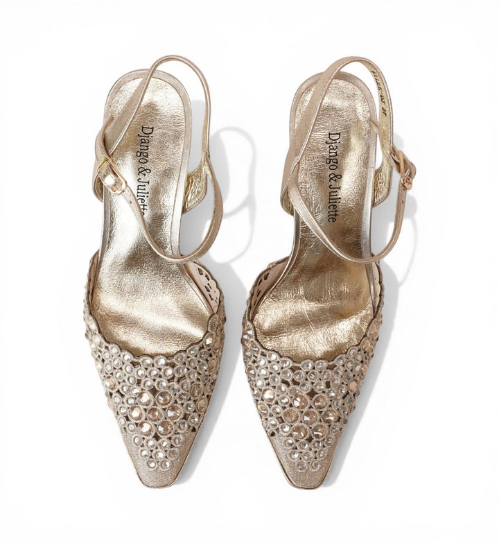 House of Florian Kyler Gold pointed toe slingback heels adorned with clear crystals and subtle metallic sheen.