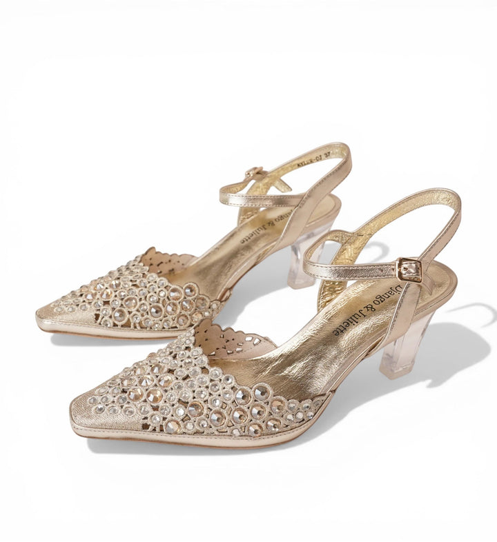 House of Florian Kyler Gold embellished pointed-toe heels with clear block heel and ankle strap.
