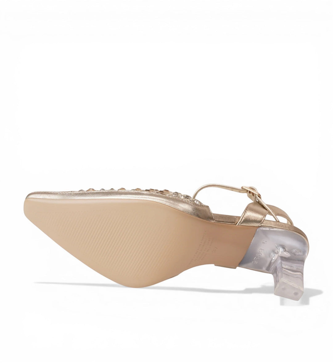 House of Florian Kyler Gold pointed toe sandals with clear block heel and embellished strap.