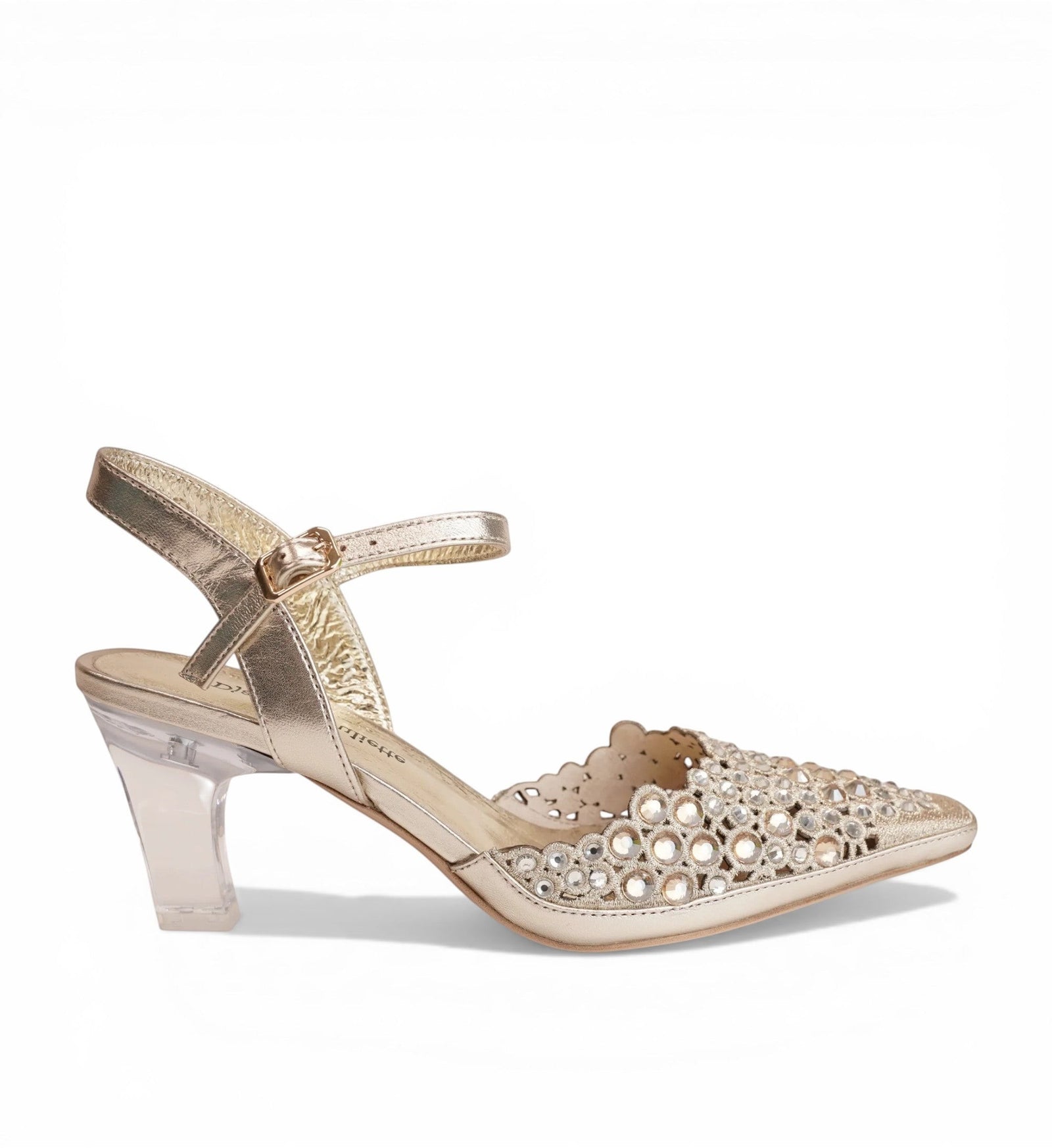 House of Florian Kyler Gold pointed toe heels with ankle strap, clear block heel, and rhinestone embellishments.