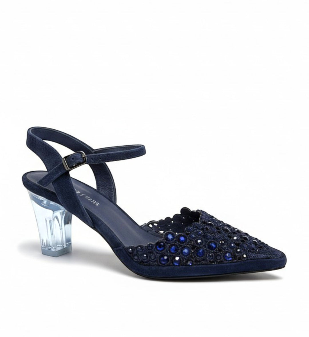 House of Florian Kyler Navy slingback heels with clear block heel and embellished pointed toe.