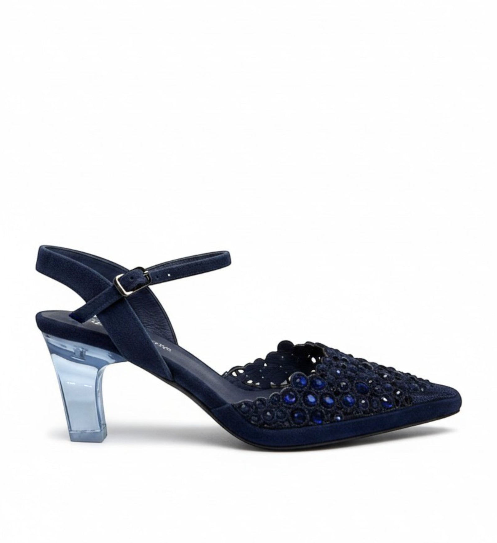 House of Florian Kyler navy blue suede slingback heels with decorative blue gems and a clear block heel.