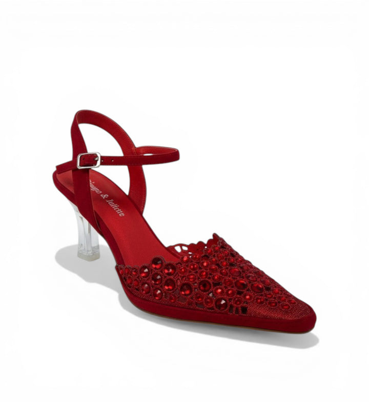 House of Florian Kyler red suede pointed-toe heels with ankle strap and crystal embellishments.