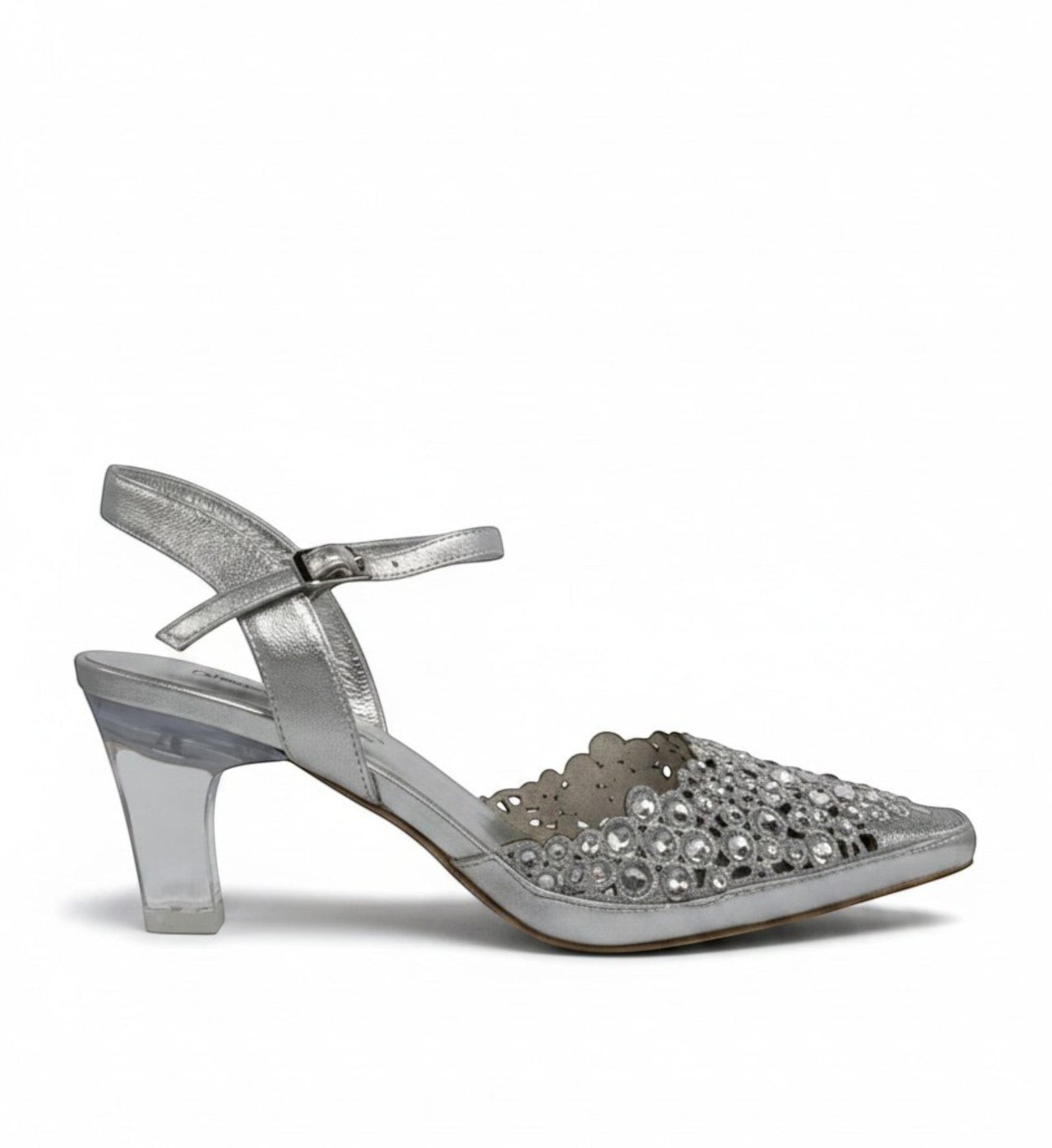 House of Florian Kyler Silver women's heels with clear block heel and crystal embellishments.