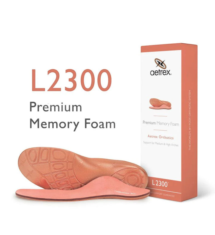 House of Florian L2300 Premium Memory Foam orthotics for medium/high arches. Pink foam insoles with textured orange base.