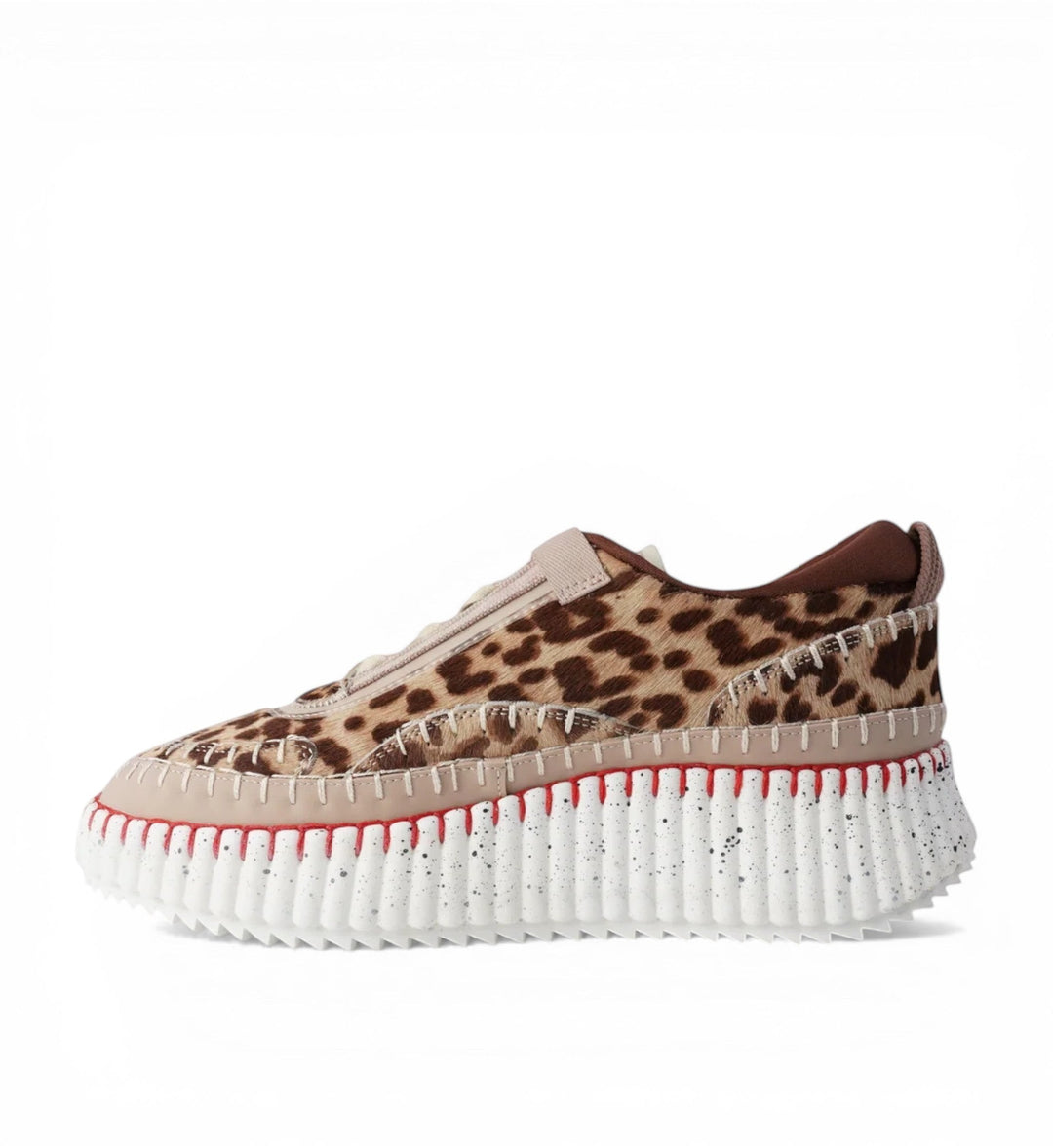 House of Florian Copen Leopard platform sneakers with leopard print pony hair and beige leather accents, featuring red stitching and a white speckled sole.