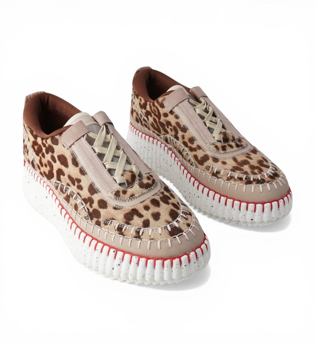 House of Florian Copen Leopard sneakers with faux fur leopard print, tan laces, and white platform sole with red stitching.