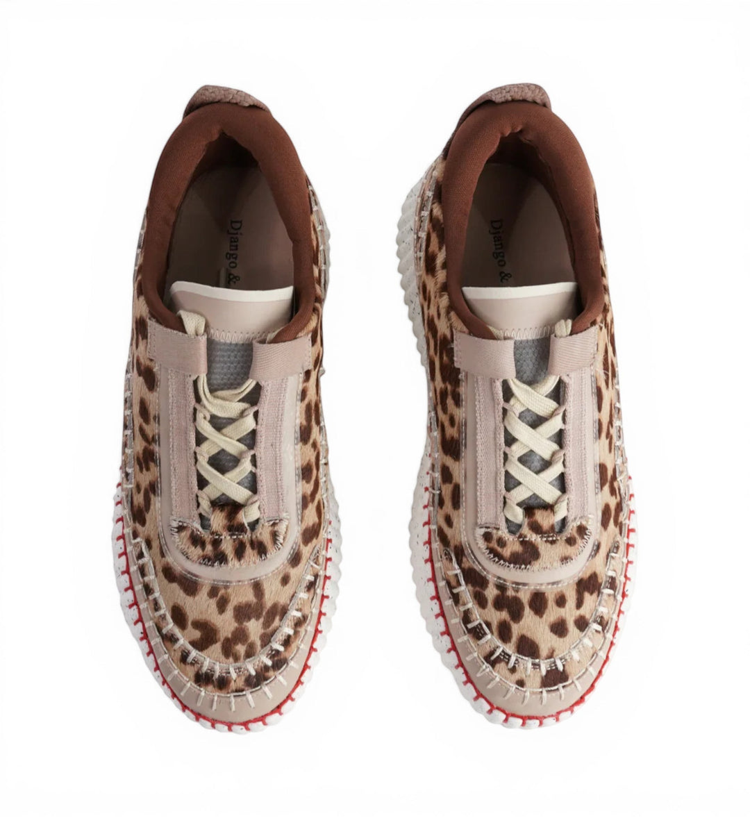 House of Florian Copen Leopard print calf hair sneakers with beige accents and red stitching.