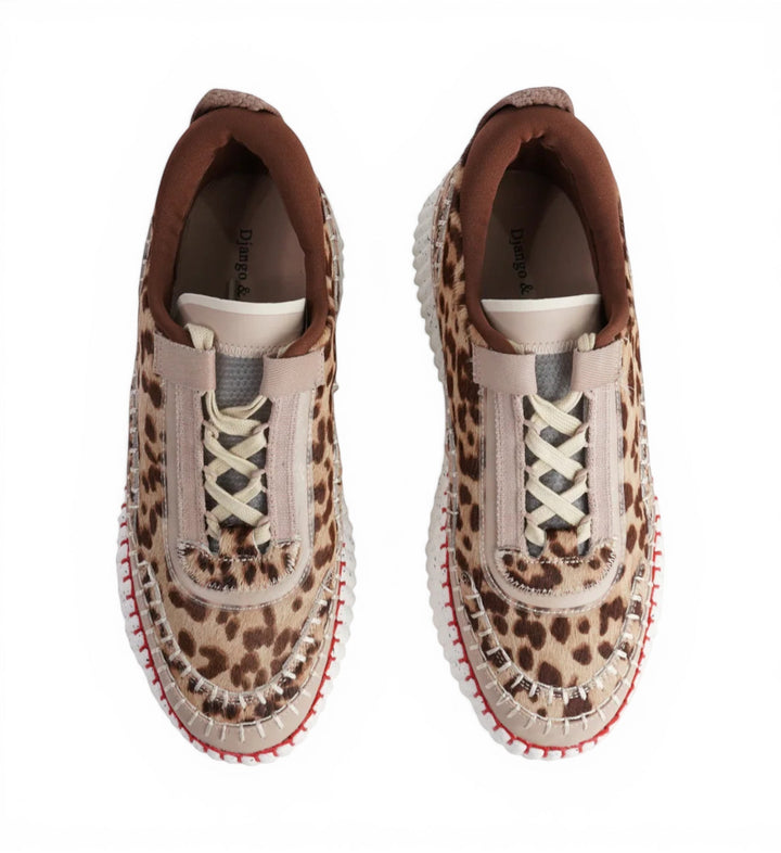 House of Florian Copen Leopard print calf hair sneakers with beige accents and red stitching.