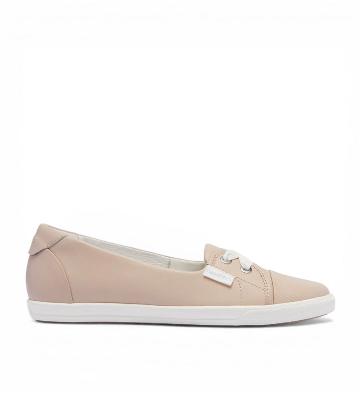 House of Florian Hannah III light blush embossed leather slip-on sneakers with white laces and white soles.