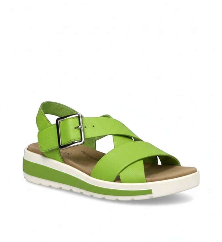 House of Florian lime green leather sandals with criss-cross straps and adjustable buckle. Features a supportive Comfort Plus footbed.