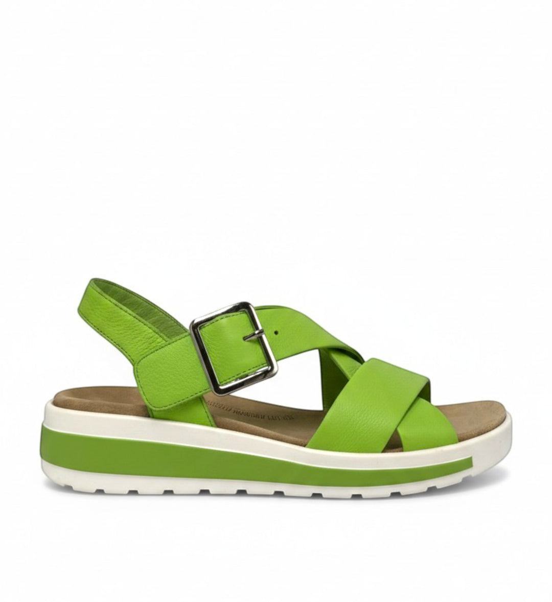 House of Florian lime green leather cross-strap sandals with adjustable buckle and Comfort Plus footbed.