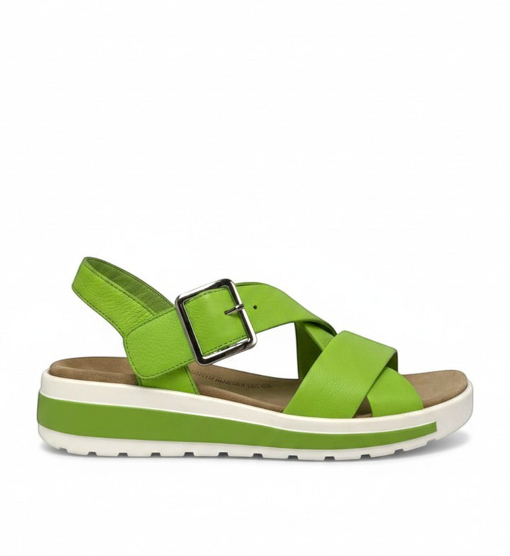 House of Florian lime green leather cross-strap sandals with adjustable buckle and Comfort Plus footbed.