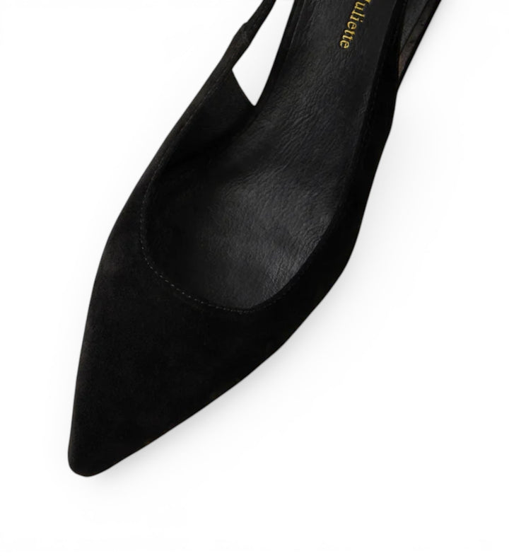 House of Florian Linly black suede slingback pointed-toe heels with a low heel.