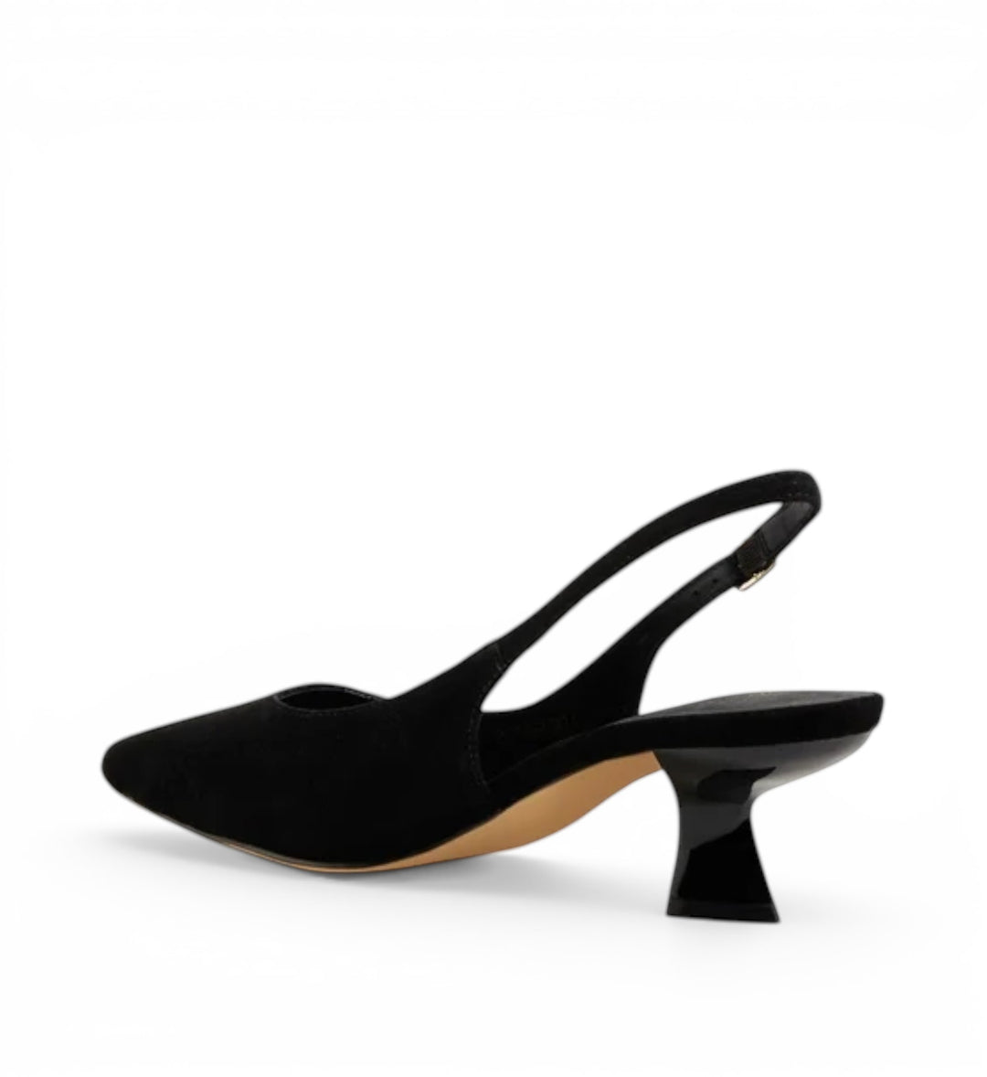 House of Florian Linly black suede slingback heels with a pointed toe and sculpted heel.