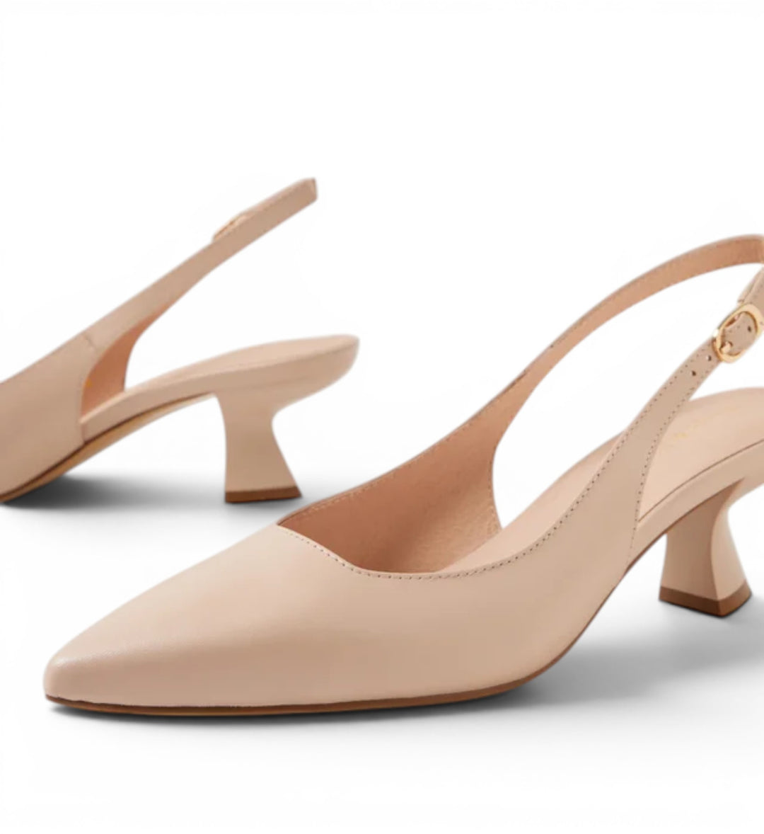 House of Florian Linly Nude slingback heels with pointed toe and flared heel.