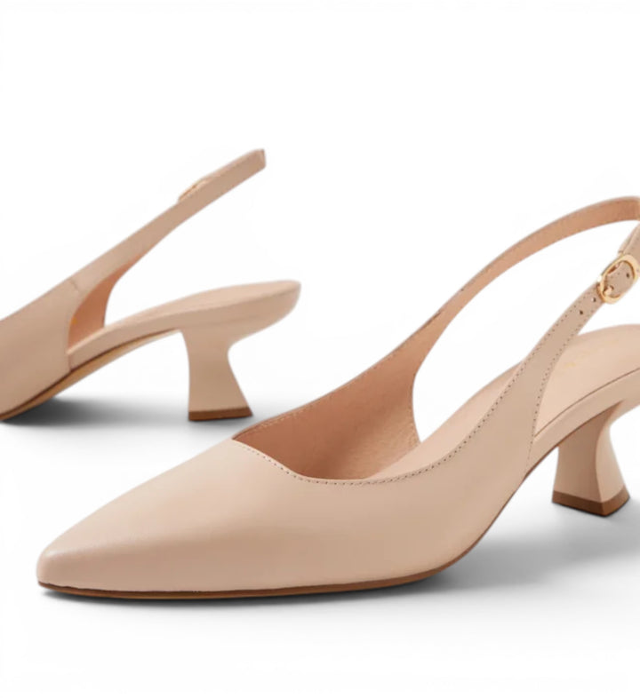 House of Florian Linly Nude slingback heels with pointed toe and flared heel.