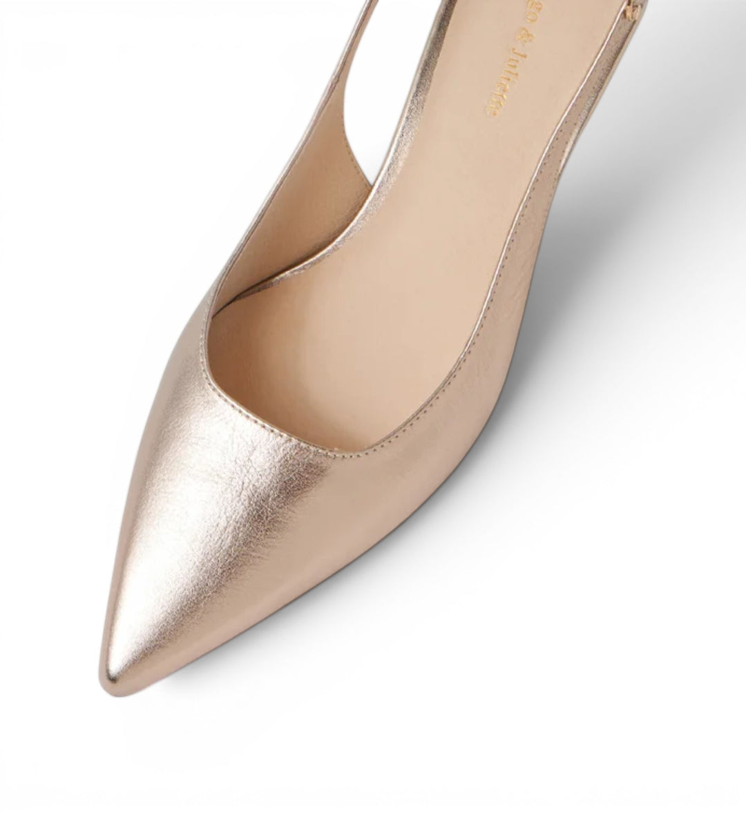 House of Florian Linly Platino rose gold metallic leather pointed toe slingback heels.