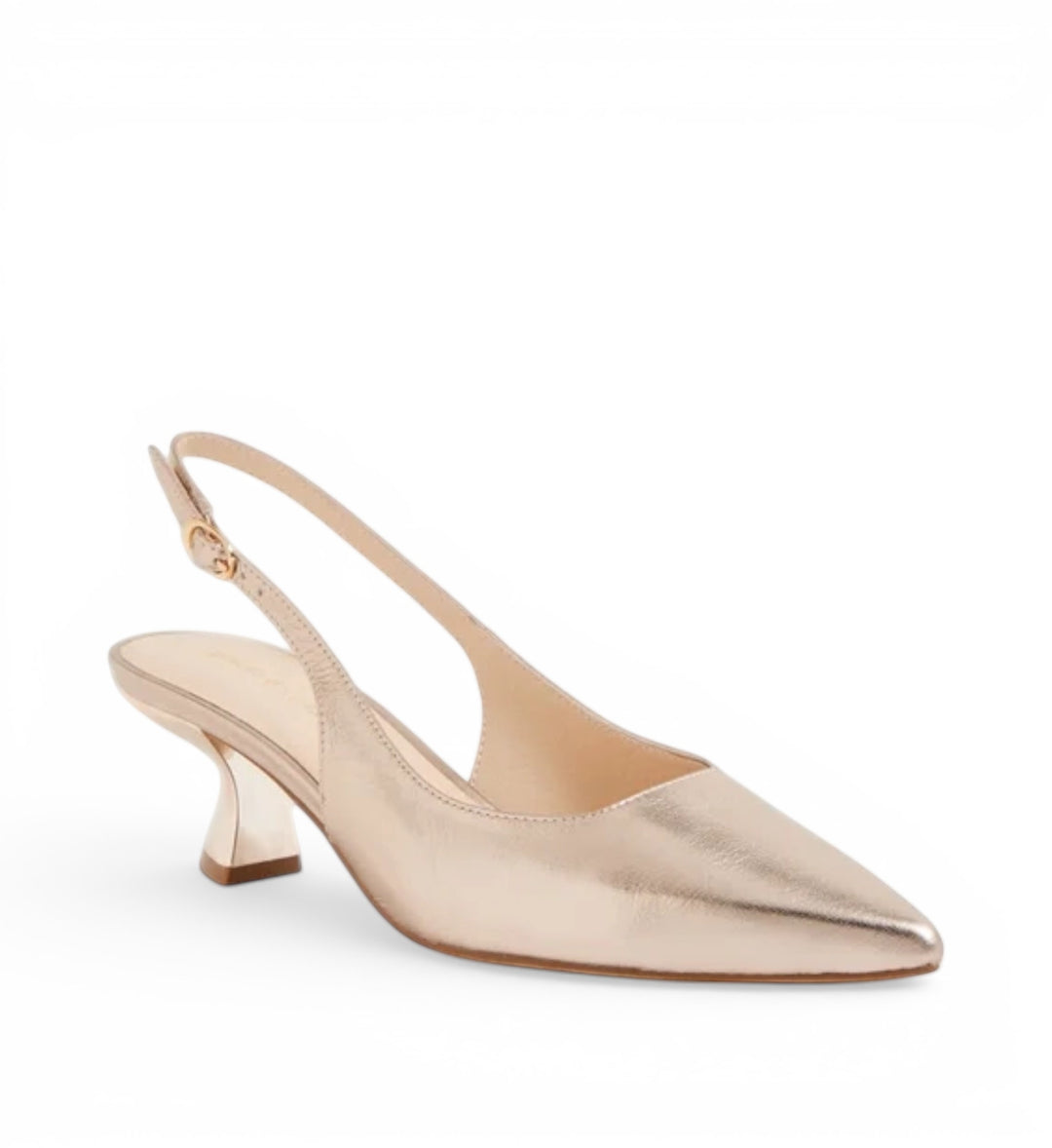 House of Florian Linly Platino rose gold metallic leather pointed toe slingback heels with sculpted heel.