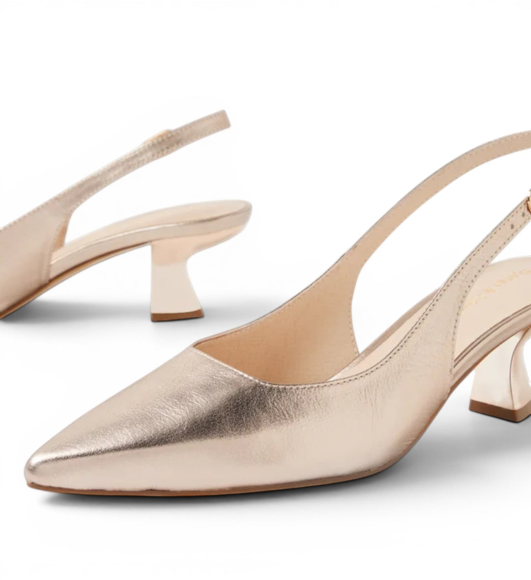 House of Florian Linly Platino rose gold metallic leather slingback heels with pointed toe and sculpted heel.