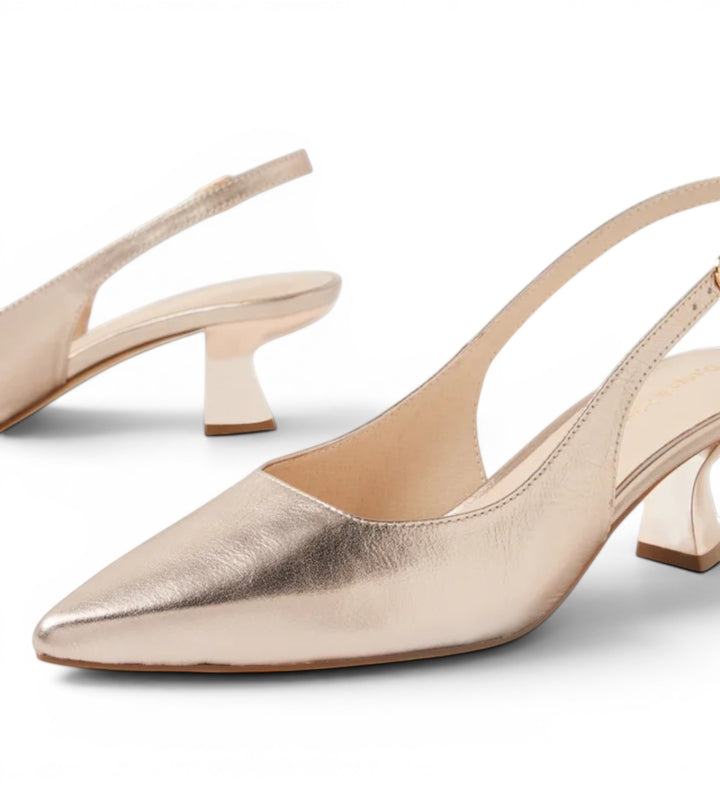 House of Florian Linly Platino rose gold metallic leather slingback heels with pointed toe and sculpted heel.