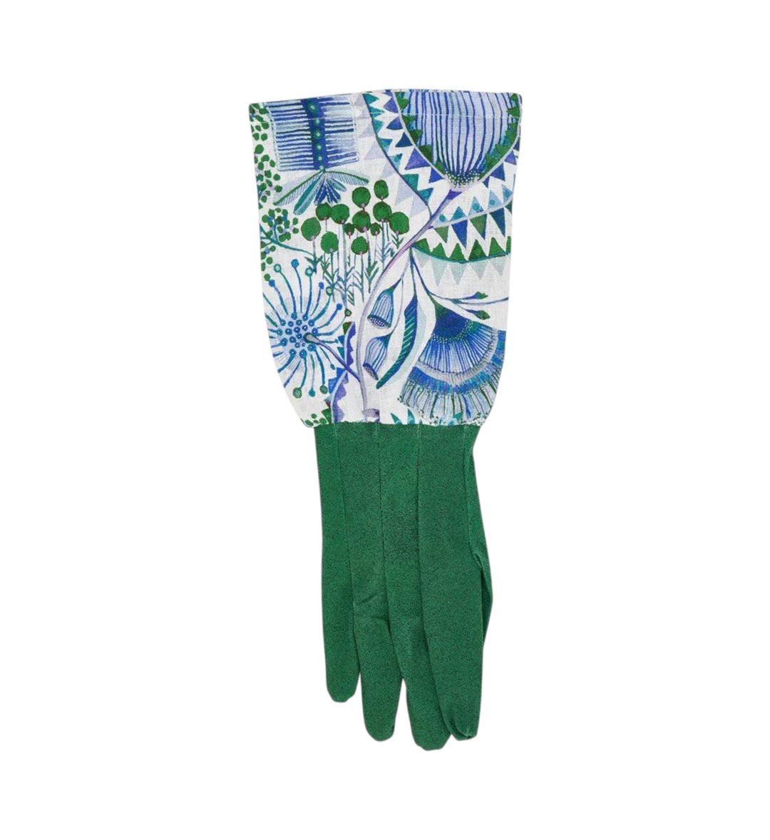 House of Florian long sleeve garden gloves in green with a white cuff featuring a blue and green floral botanical print.