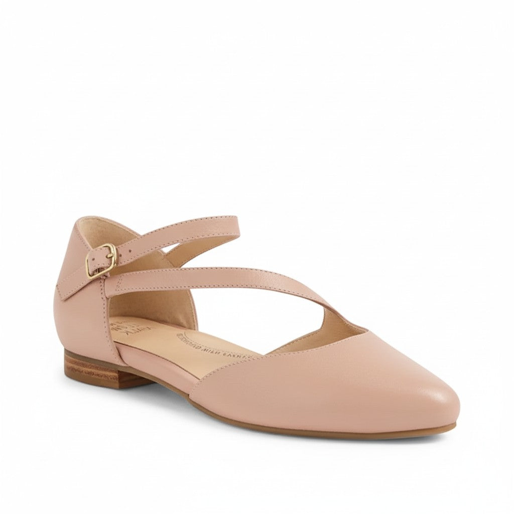 House of Florian Lonkine W Blush leather flats with ankle strap and buckle, Pillow Walk footbed for comfort.