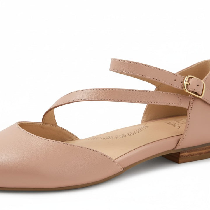 House of Florian Lonkine W Blush leather flats with ankle strap and buckle, featuring Pillow Walk cushioning.