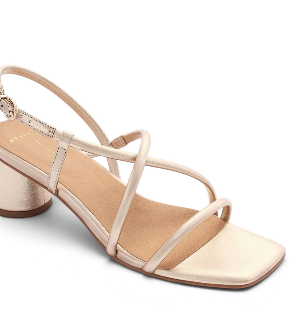 House of Florian Lottie soft gold strappy block heel sandals with a square toe and adjustable ankle strap