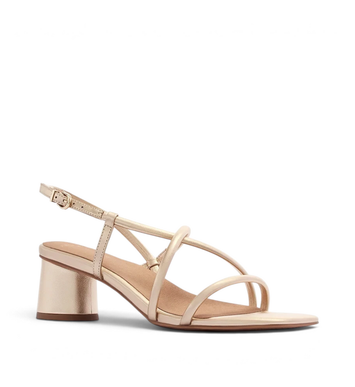 House of Florian Lottie soft gold strappy sandals with a low block heel and adjustable slingback buckle strap